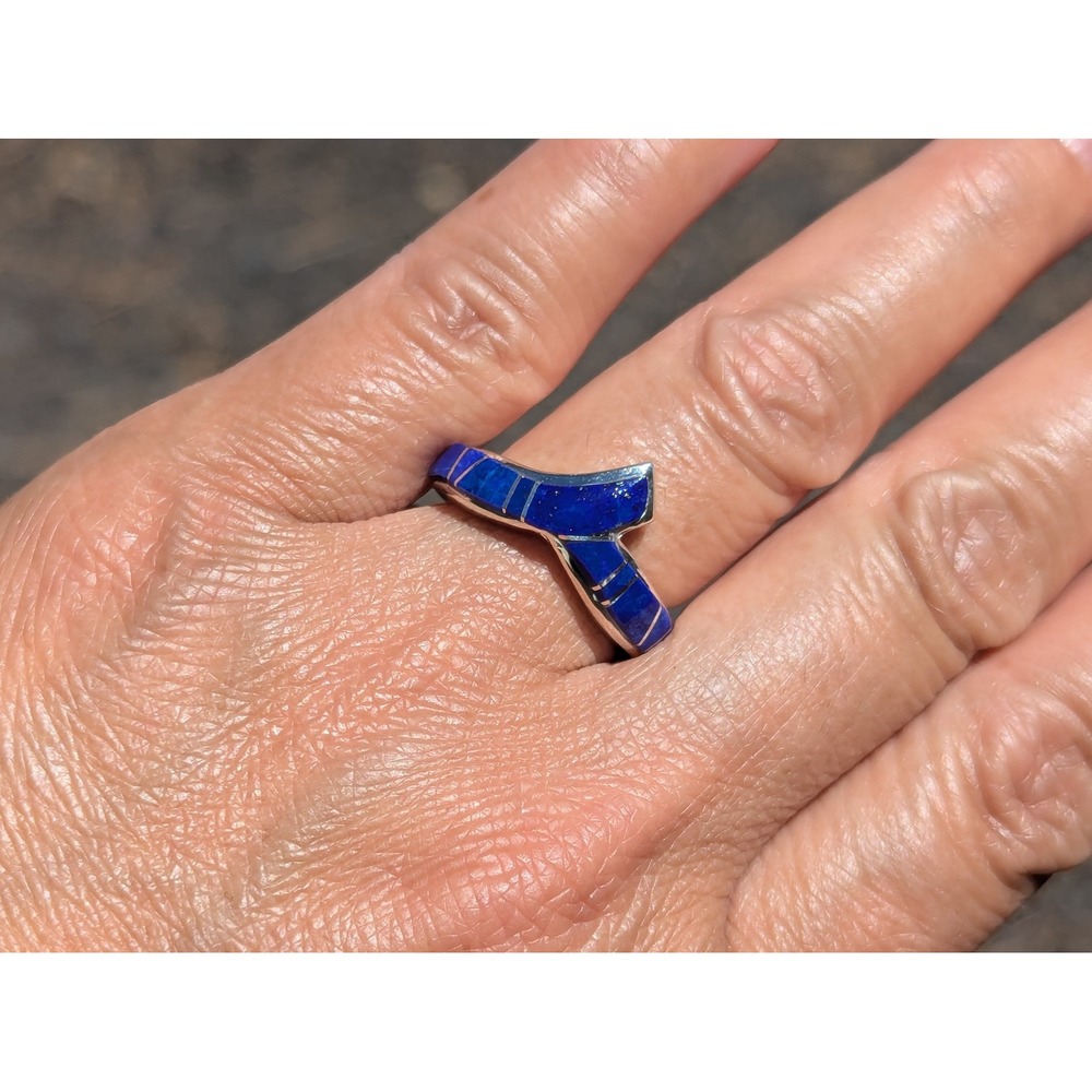 Navajo Handmade Silver Ring w Lapis Lazuli Signed Native American Jewelry 7.75 *